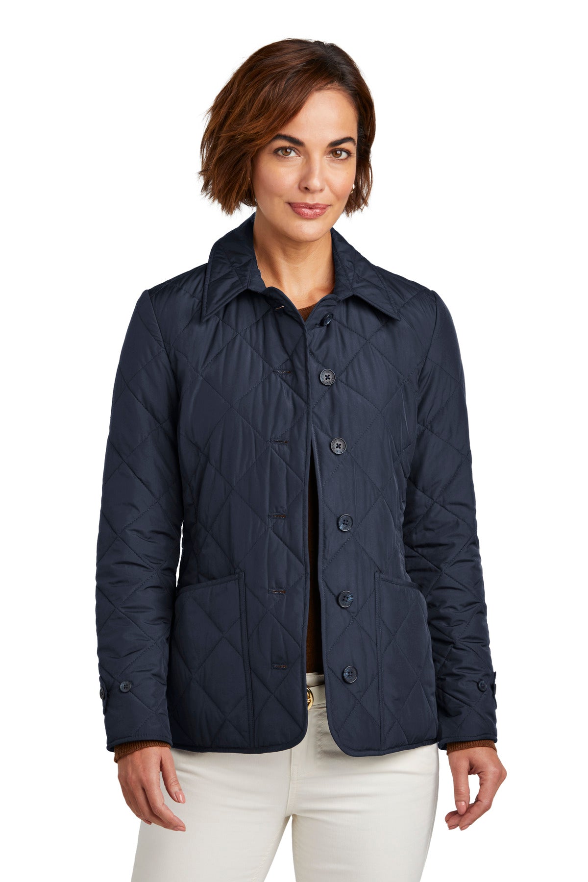 Brooks Brothers women's quilted jacket in night navy, front view showing stylish quilted design and tailored fit.