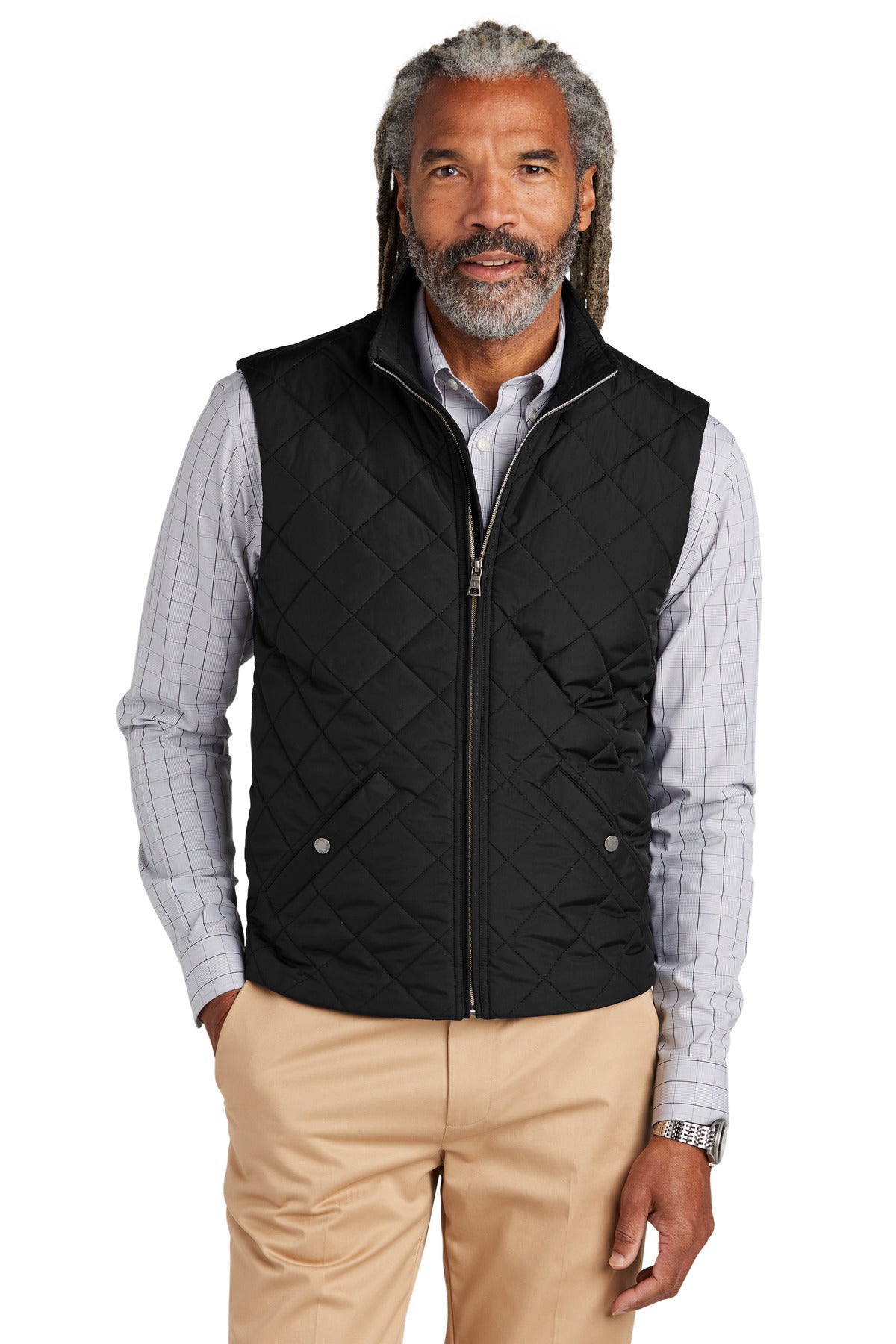 Brooks Brothers quilted vest BB18602 in deep black, front view showing lightweight padded design and classic style.