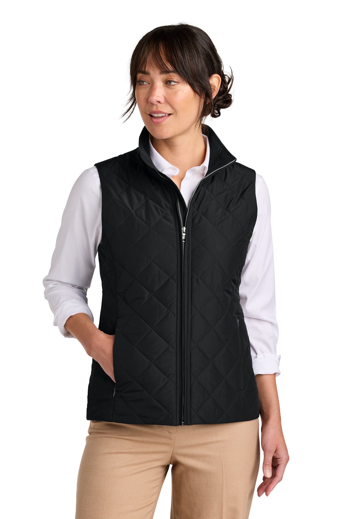 Brooks Brothers women's quilted vest in deep black with front zipper and collar, shown on model.