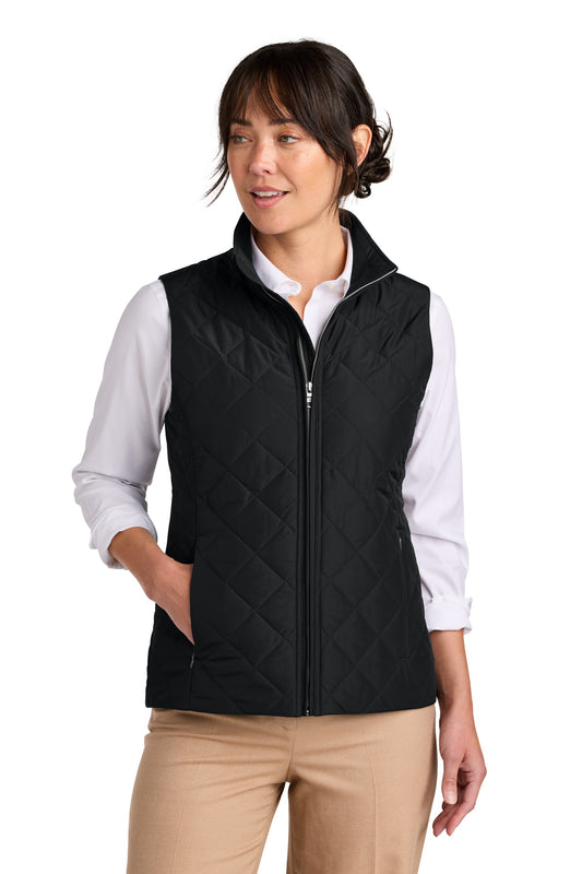 Brooks Brothers women's quilted vest in deep black with front zipper and collar, shown on model.