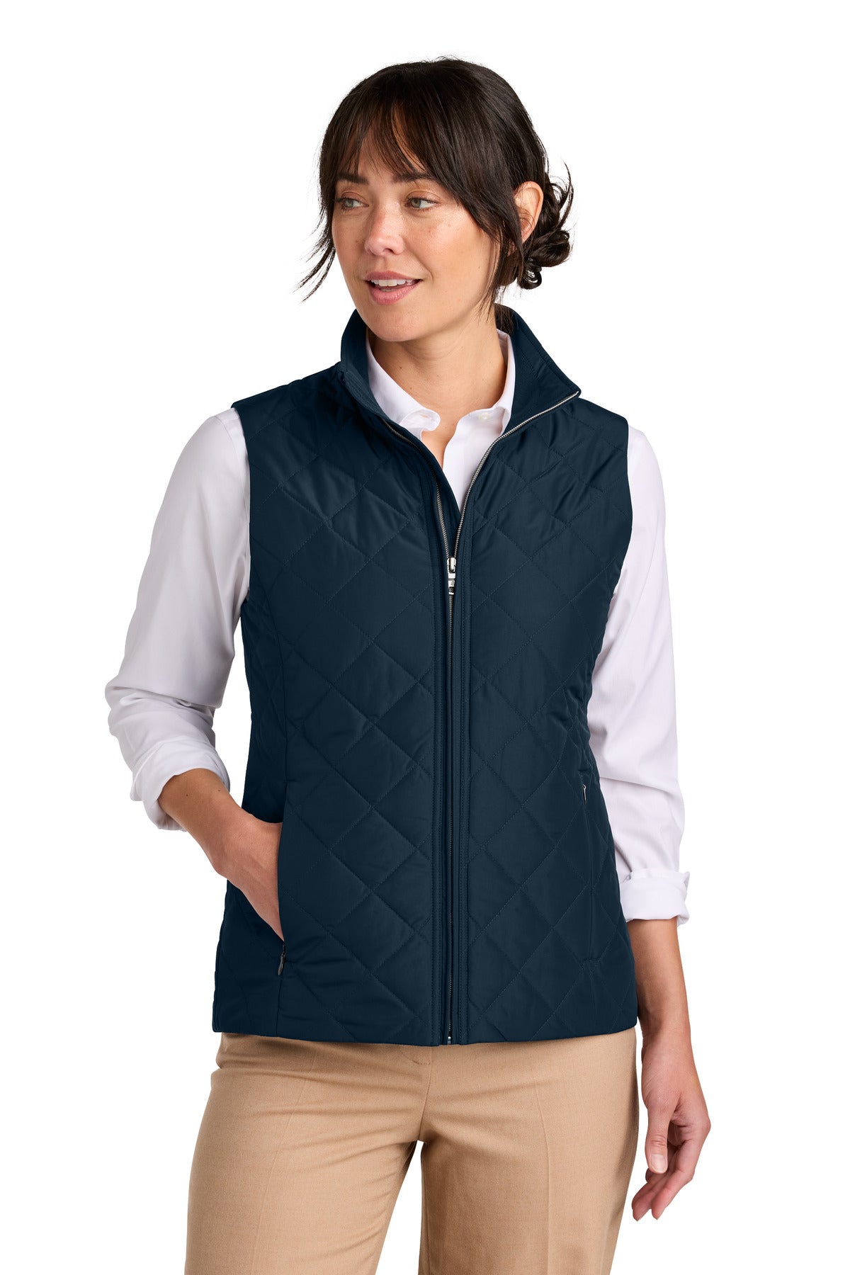 Brooks Brothers women's quilted vest in navy, front view, showcasing a stylish, insulated outerwear piece for women.