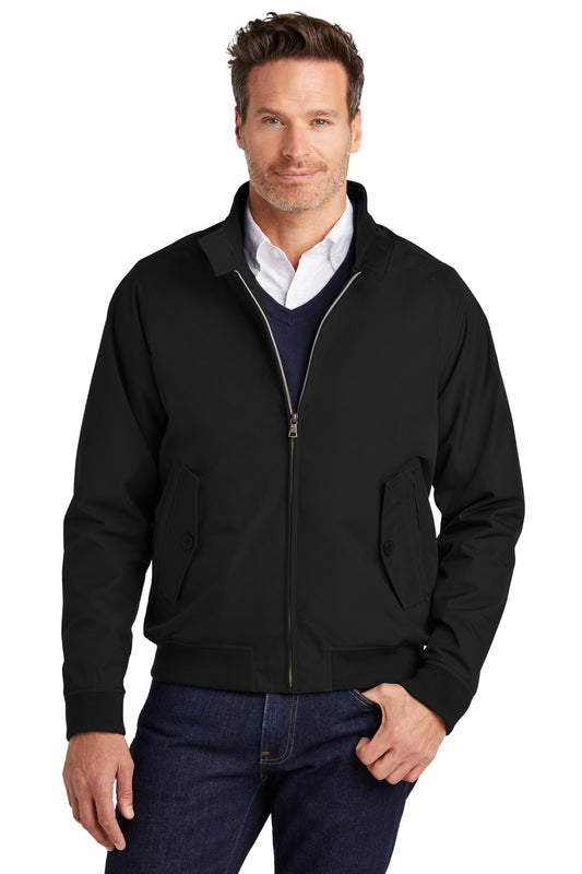 Brooks Brothers bomber jacket in deep black shown from the front on a model, featuring classic design and smooth fabric.