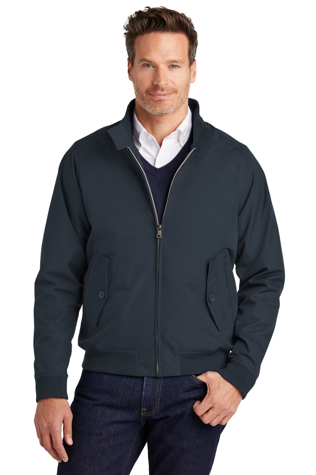 Brooks Brothers men's navy bomber jacket BB18604 shown from the front, featuring a classic fit and ribbed collar and cuffs.