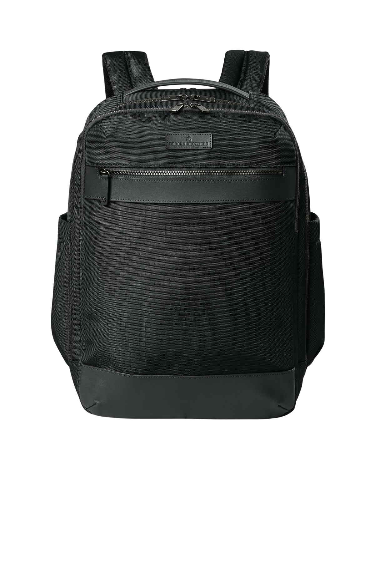 Brooks Brothers Oxford Backpack in deep black with front pocket and adjustable straps, designed for stylish daily use.