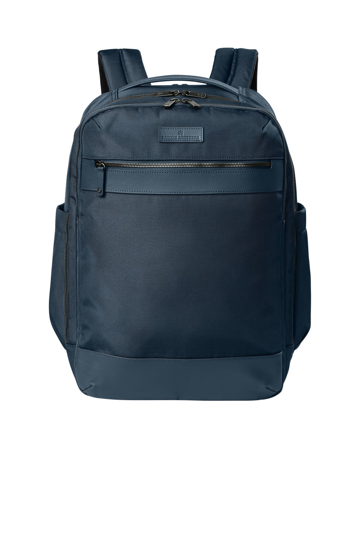 Brooks Brothers Oxford Backpack in navy blazer fabric, front view showing structured design and leather accents.