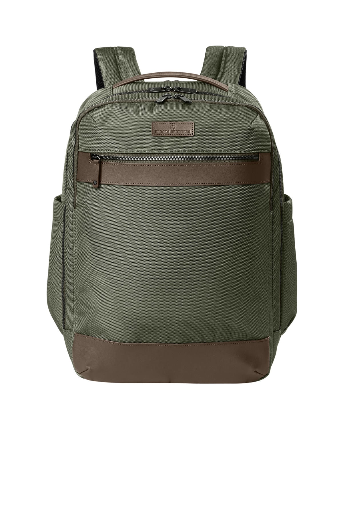 Brooks Brothers Oxford Backpack in noble green with front view, featuring leather straps and classic design.