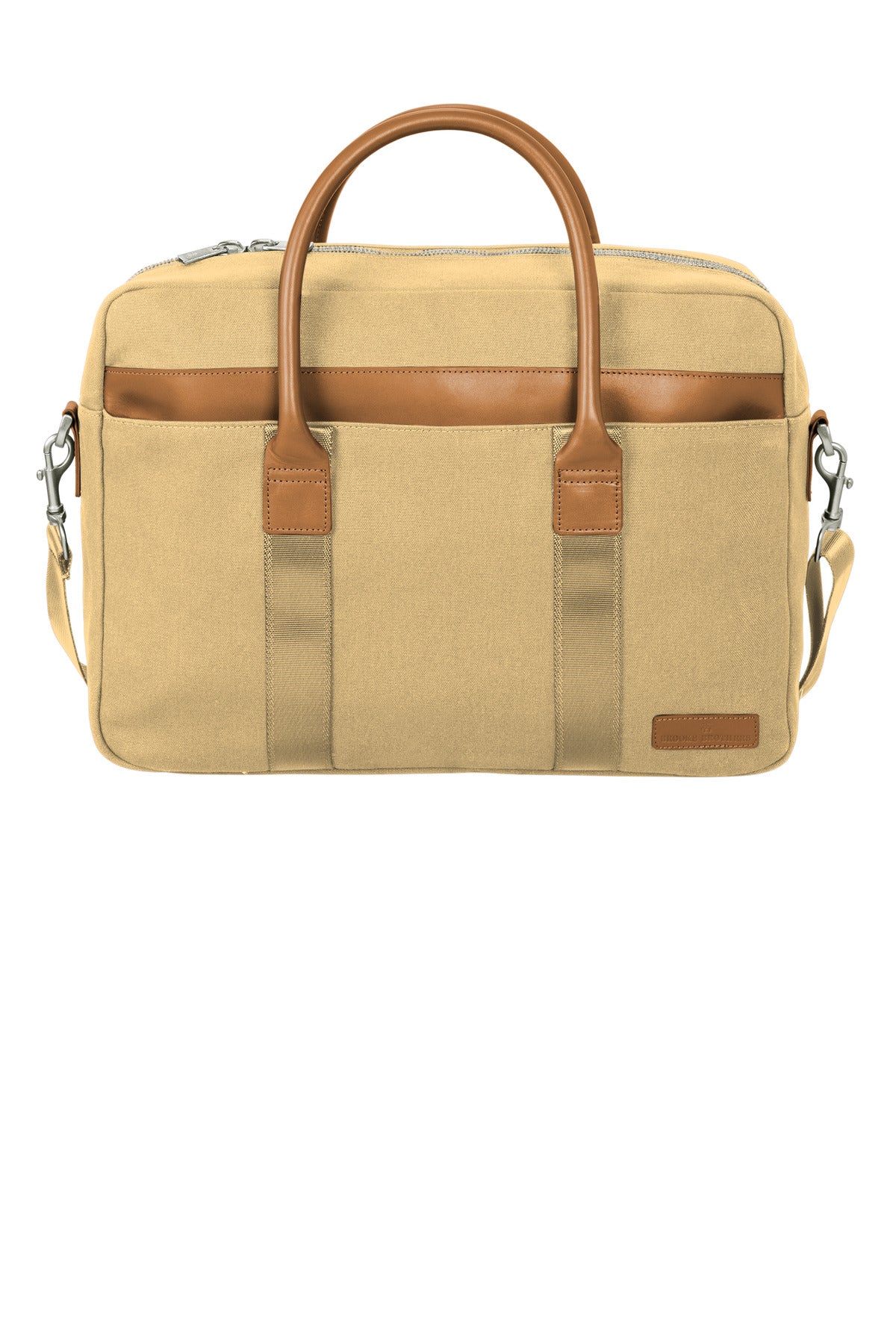 Brooks Brothers Wells Briefcase in khaki leather, featuring a structured design with a top handle and secure clasp.