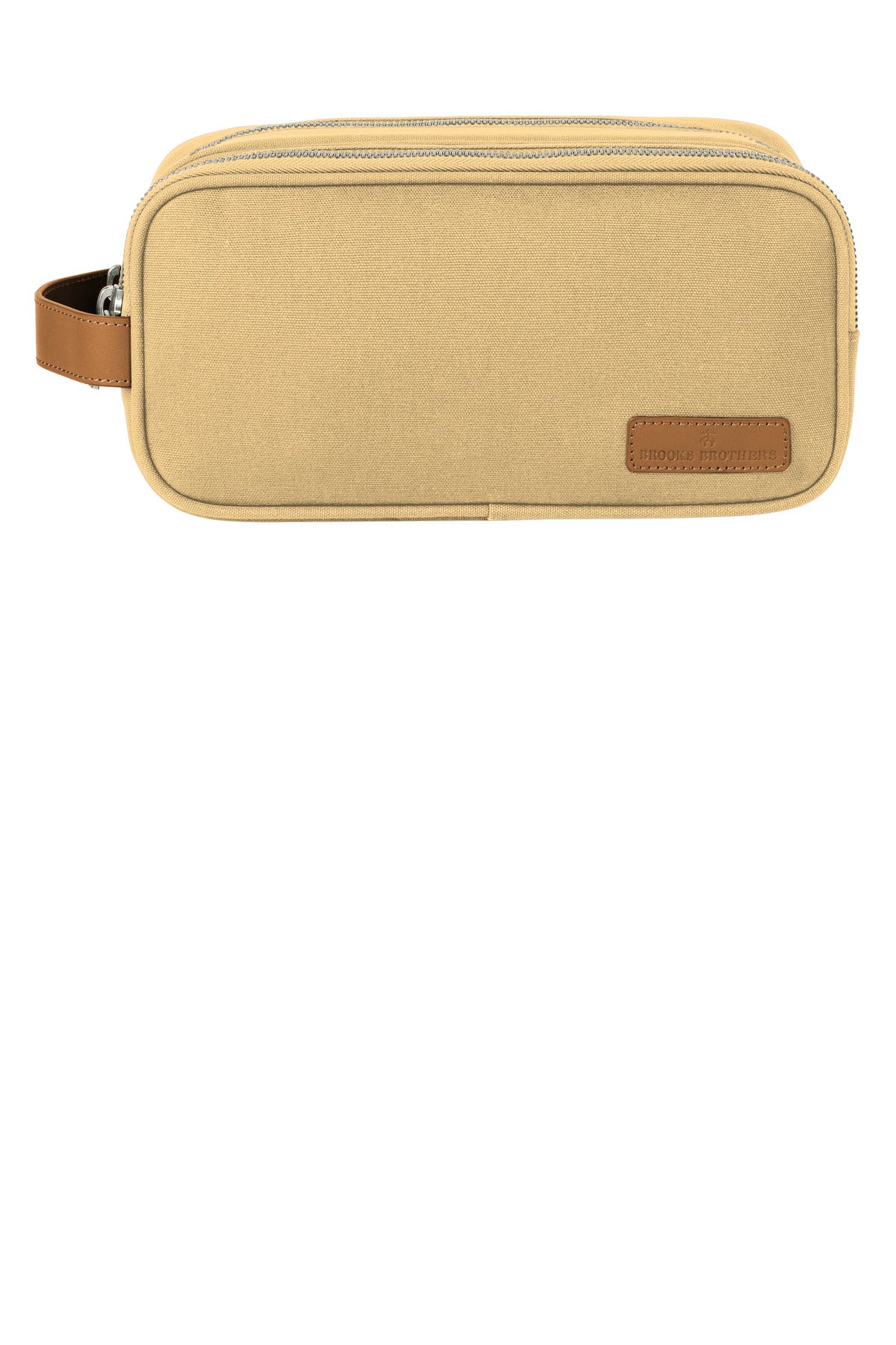 Brooks Brothers Wells Dopp Kit in ledger khaki color, featuring a compact leather toiletry bag with zipper closure and stitched detailing.