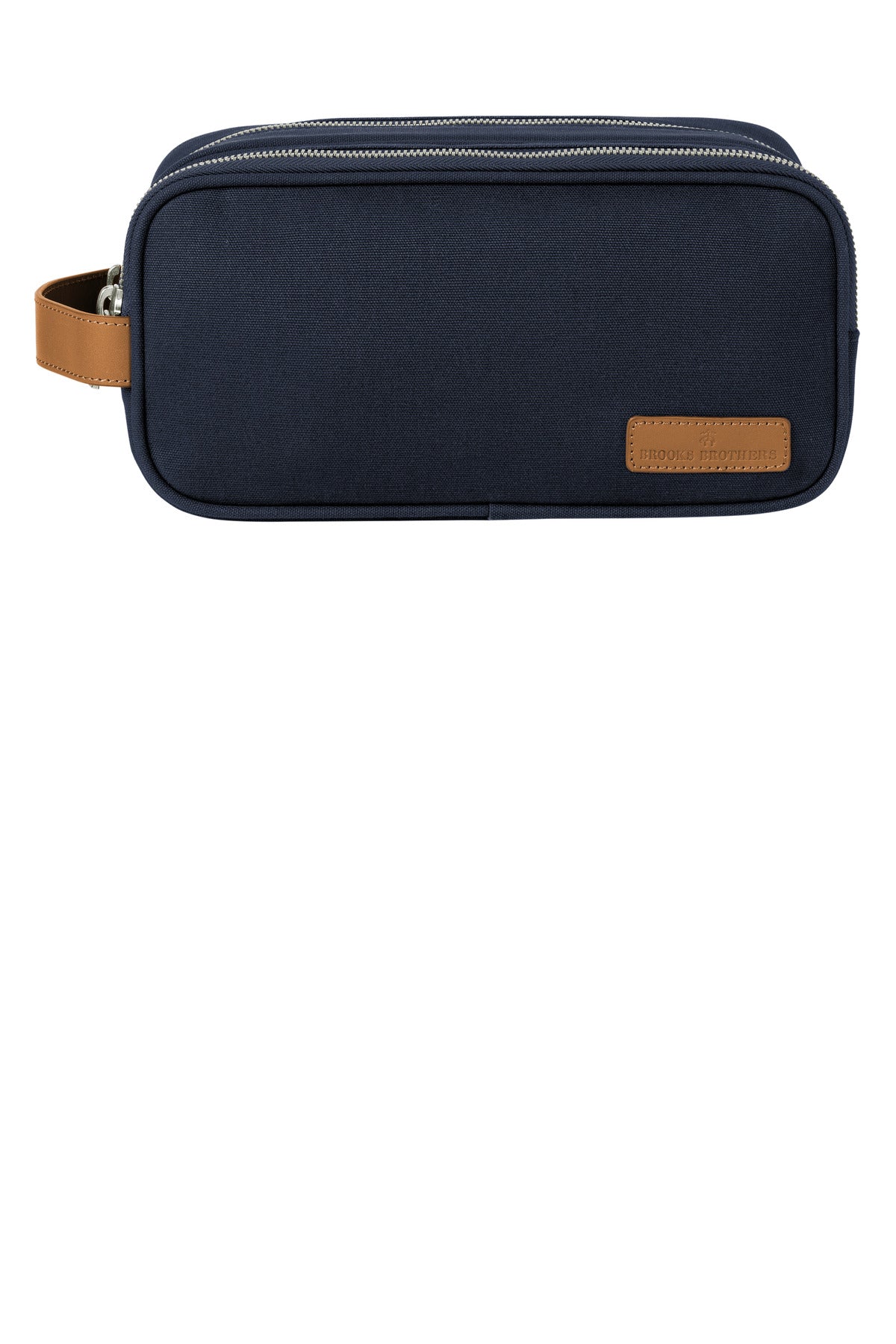 Navy Brooks Brothers Wells Dopp Kit bag with leather trim, designed for travel and toiletries storage.