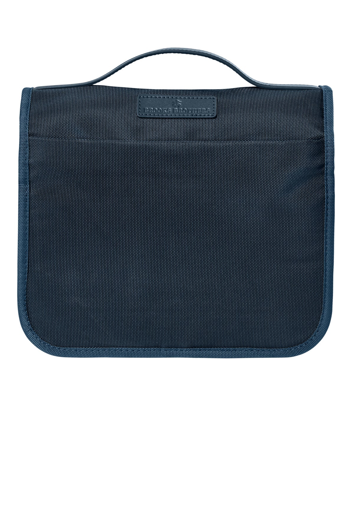 Navy Brooks Brothers Oxford Small Travel Bag BB18872 with leather accents, front view showing zippered pocket and sturdy handle.