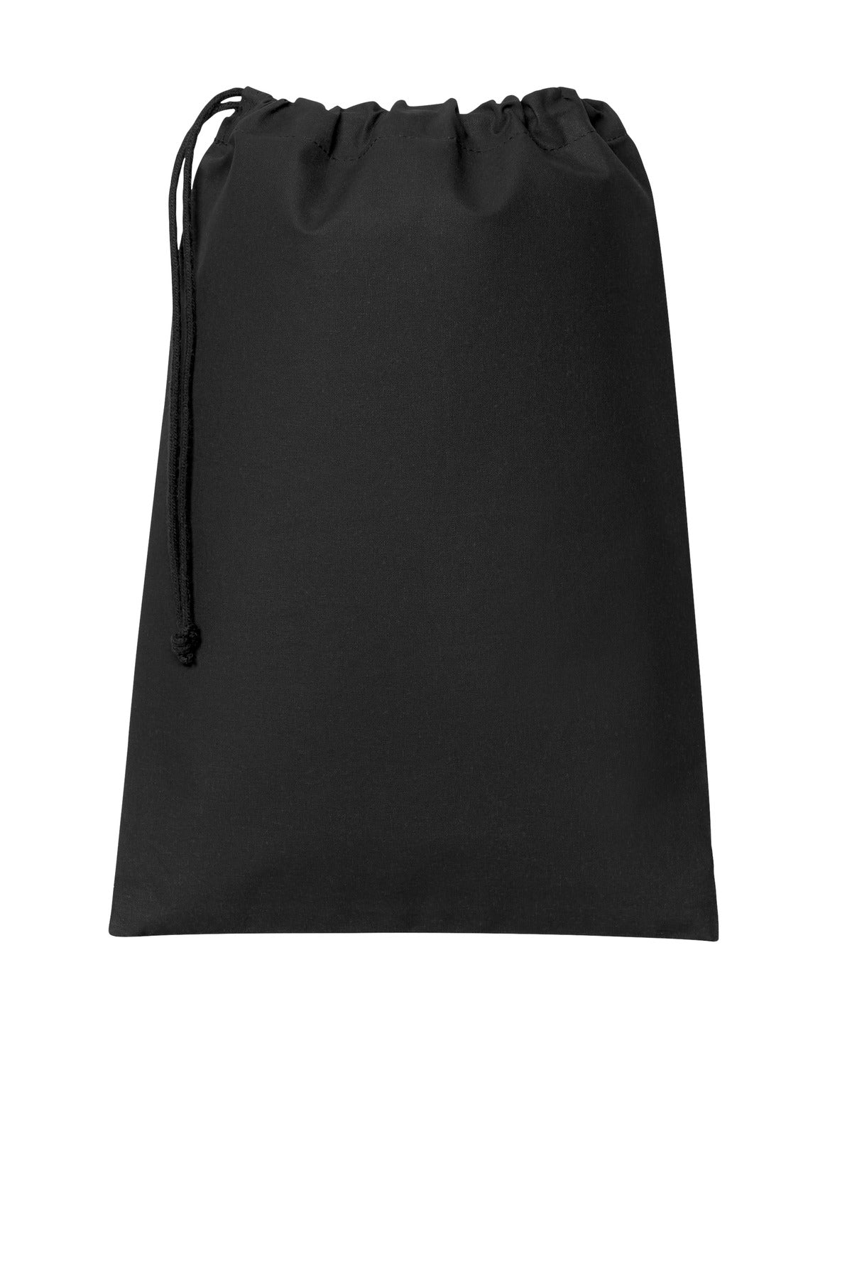Port Authority Core Cotton Drawstring Bag in deep black, flat front view showing adjustable drawstrings and spacious main compartment.