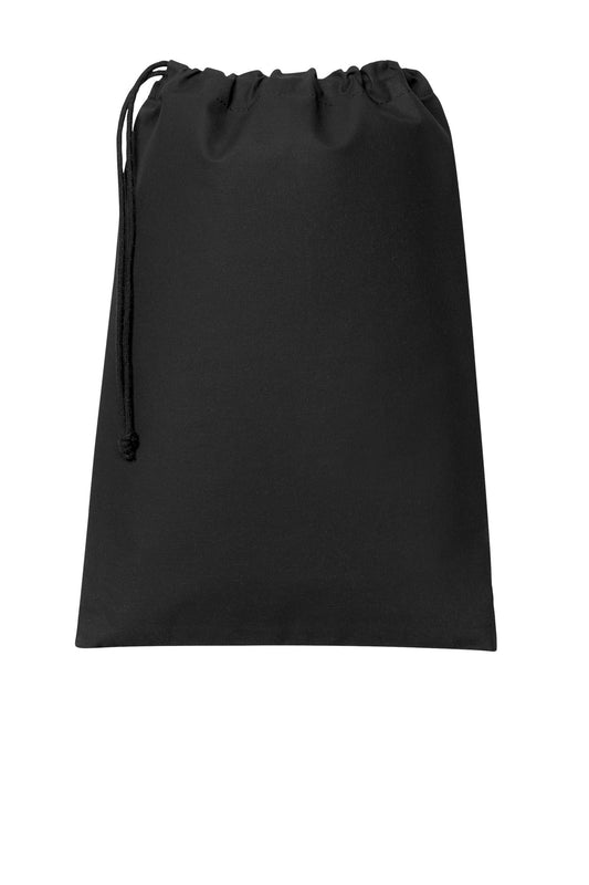 Port Authority Core Cotton Drawstring Bag in deep black, flat front view showing adjustable drawstrings and spacious main compartment.