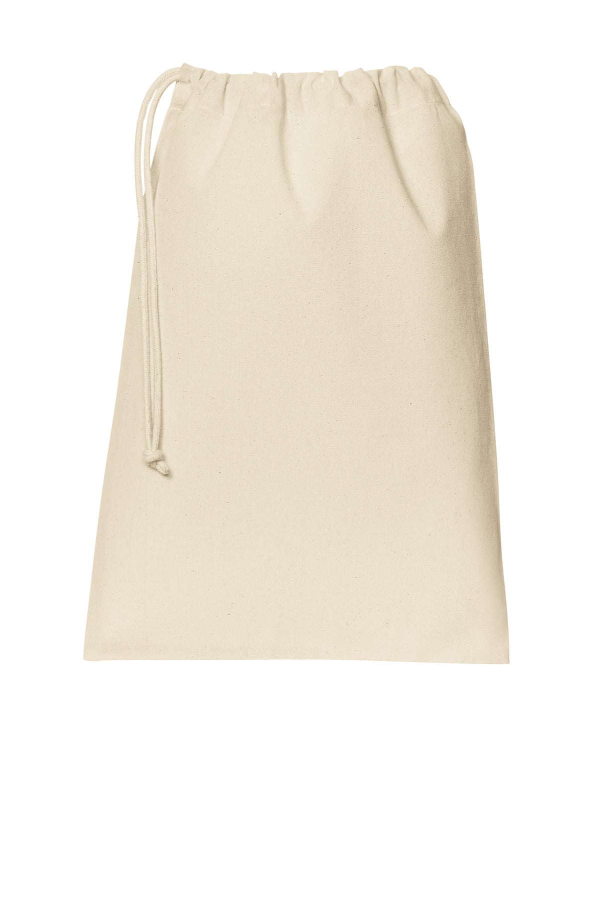 Port Authority Core Cotton Drawstring Bag in natural color, showing flat front view with drawstring closure and simple design.