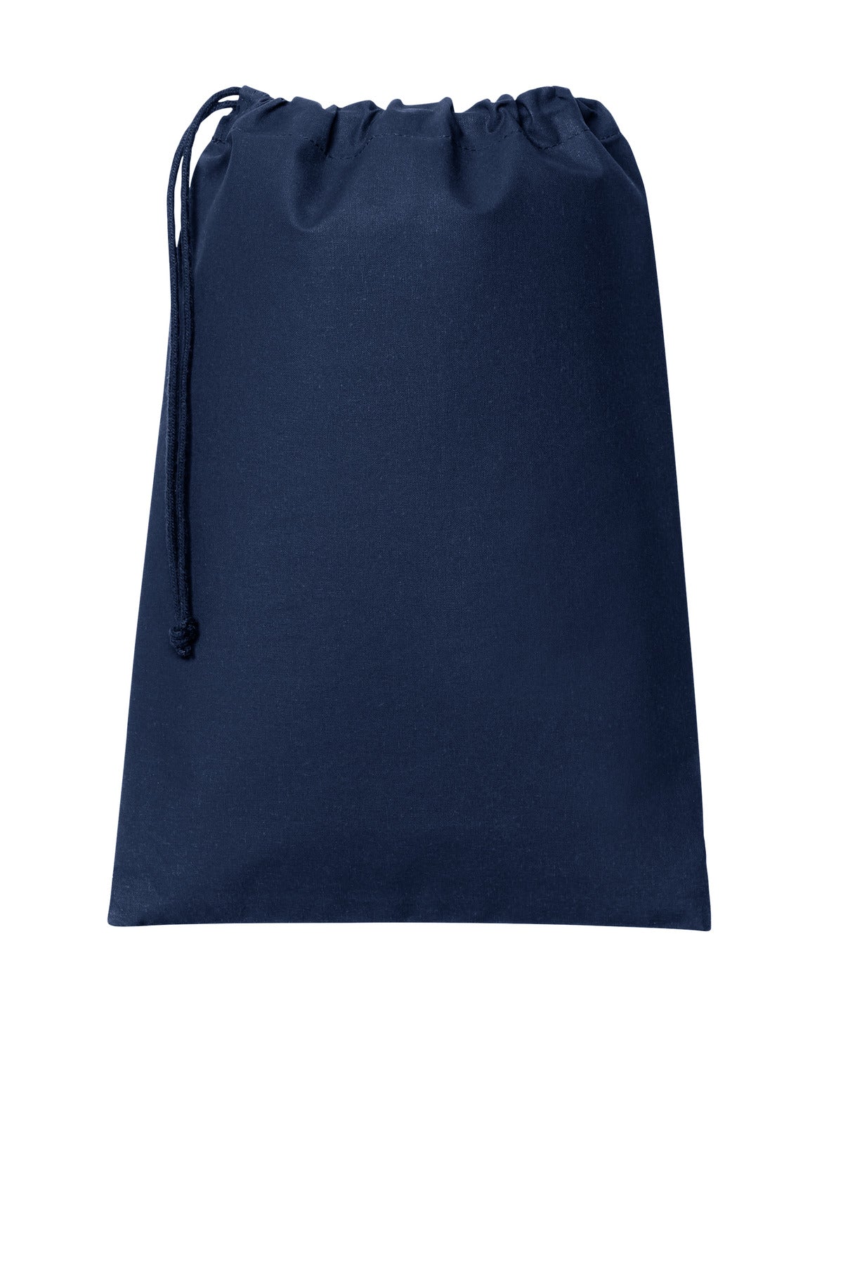 River blue Port Authority Core Cotton Drawstring Bag with navy accents, flat front view showing adjustable drawstrings and spacious interior.
