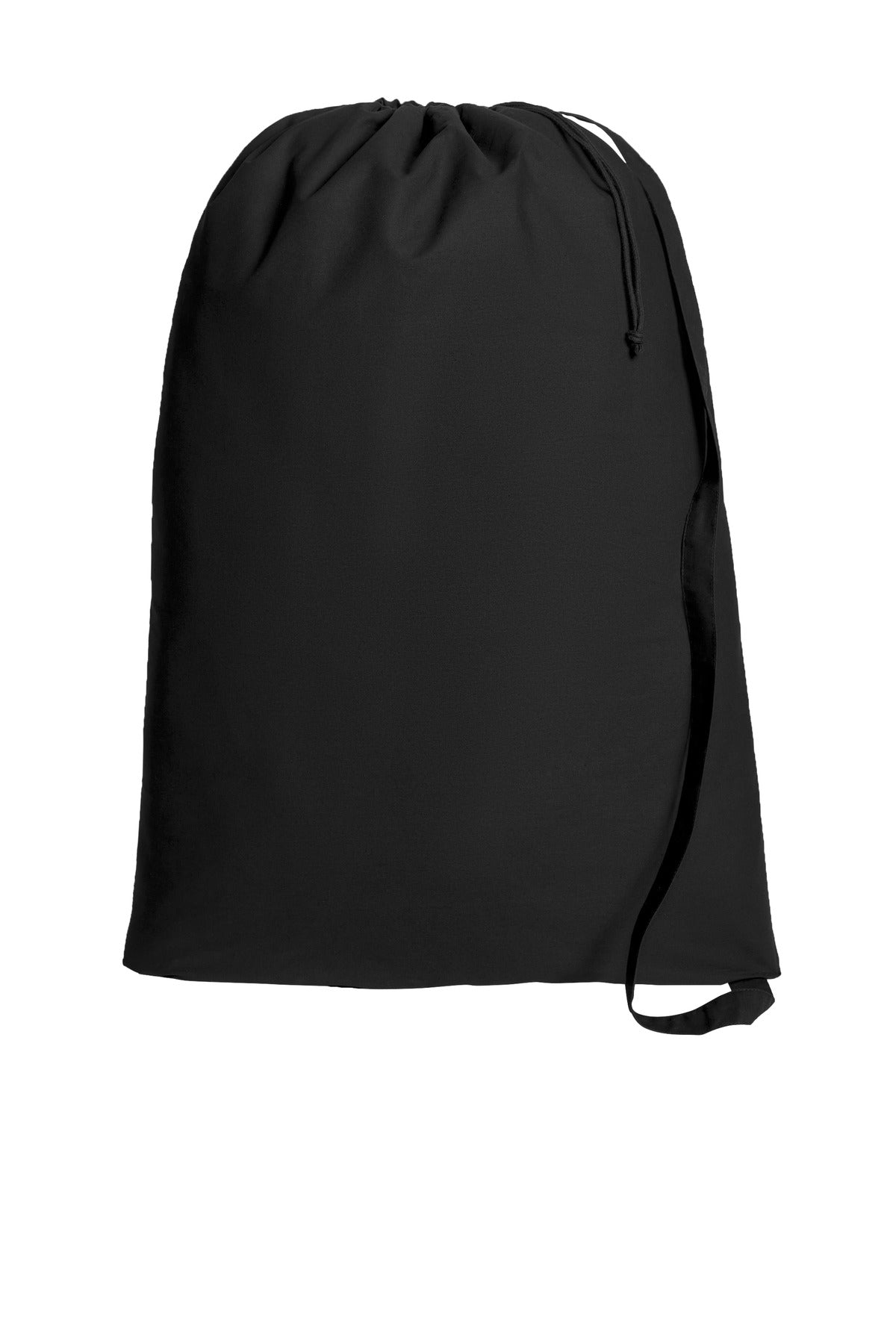 Port Authority Core Cotton Laundry Bag in deep black, featuring a flat front design and sturdy handles for easy carrying.
