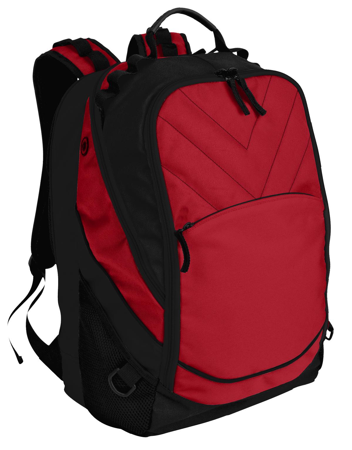 Red and black Port Authority Xcape™ computer backpack with padded shoulder straps and multiple compartments, front view.