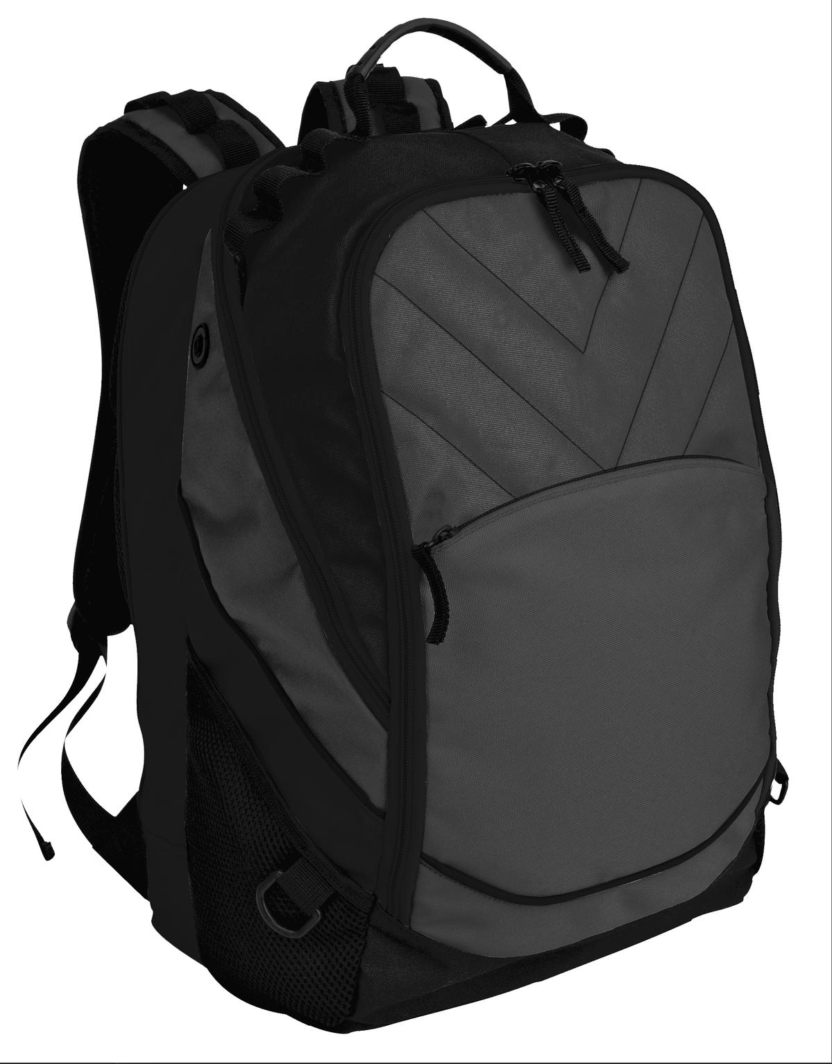 Port Authority Xcape™ Computer Backpack in dark charcoal black, shown from the front, with multiple compartments and padded shoulder straps.