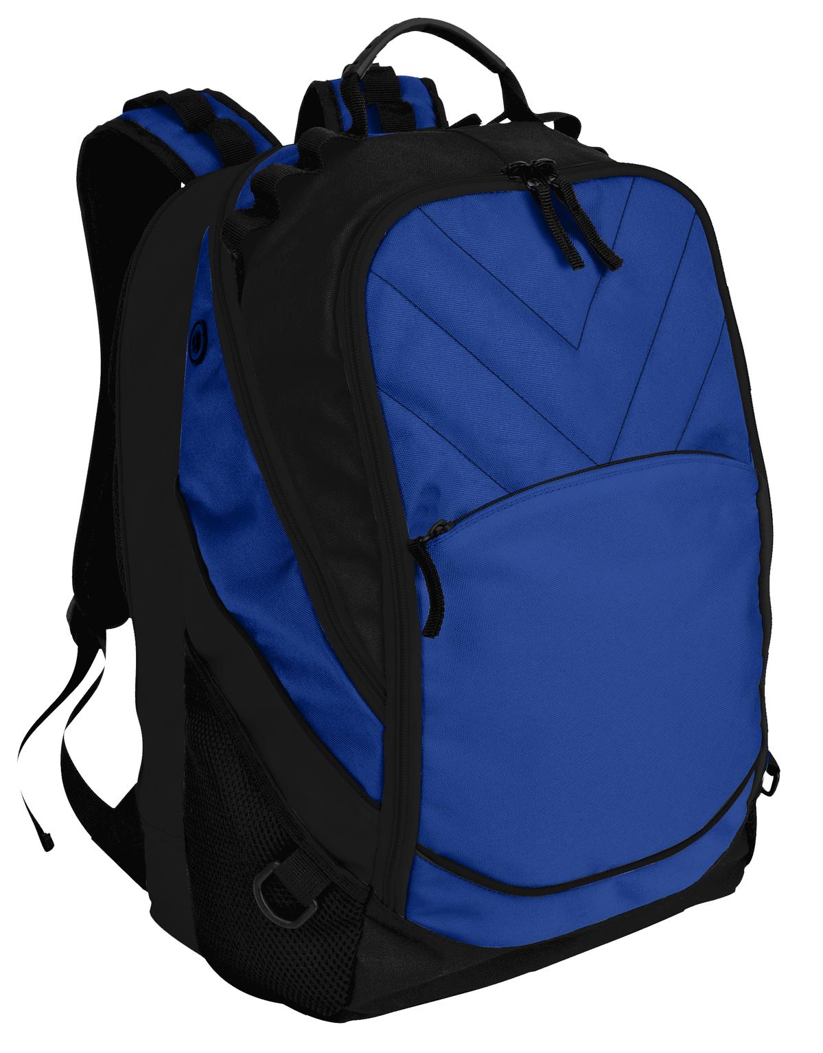Port Authority Xcape™ Computer Backpack in shock blue and black, front view showing padded laptop compartment and ergonomic straps.