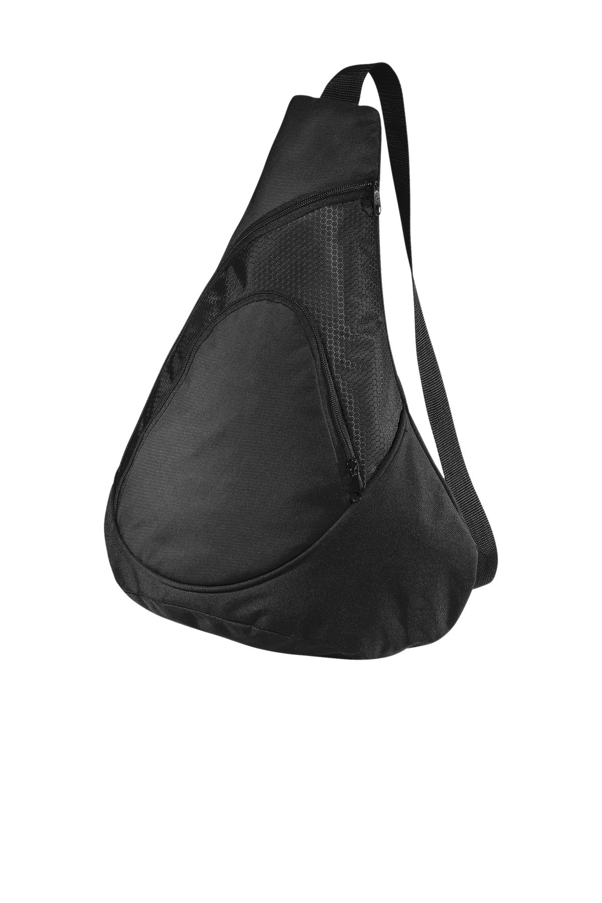 Black Port Authority Honeycomb Sling Pack with front pocket and adjustable strap, shown from a flat front view.