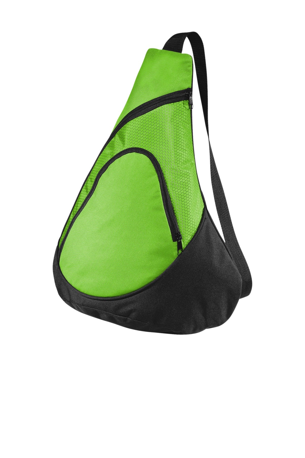 Lime green Port Authority Honeycomb Sling Pack with adjustable shoulder strap and front zipper pocket, flat front view.