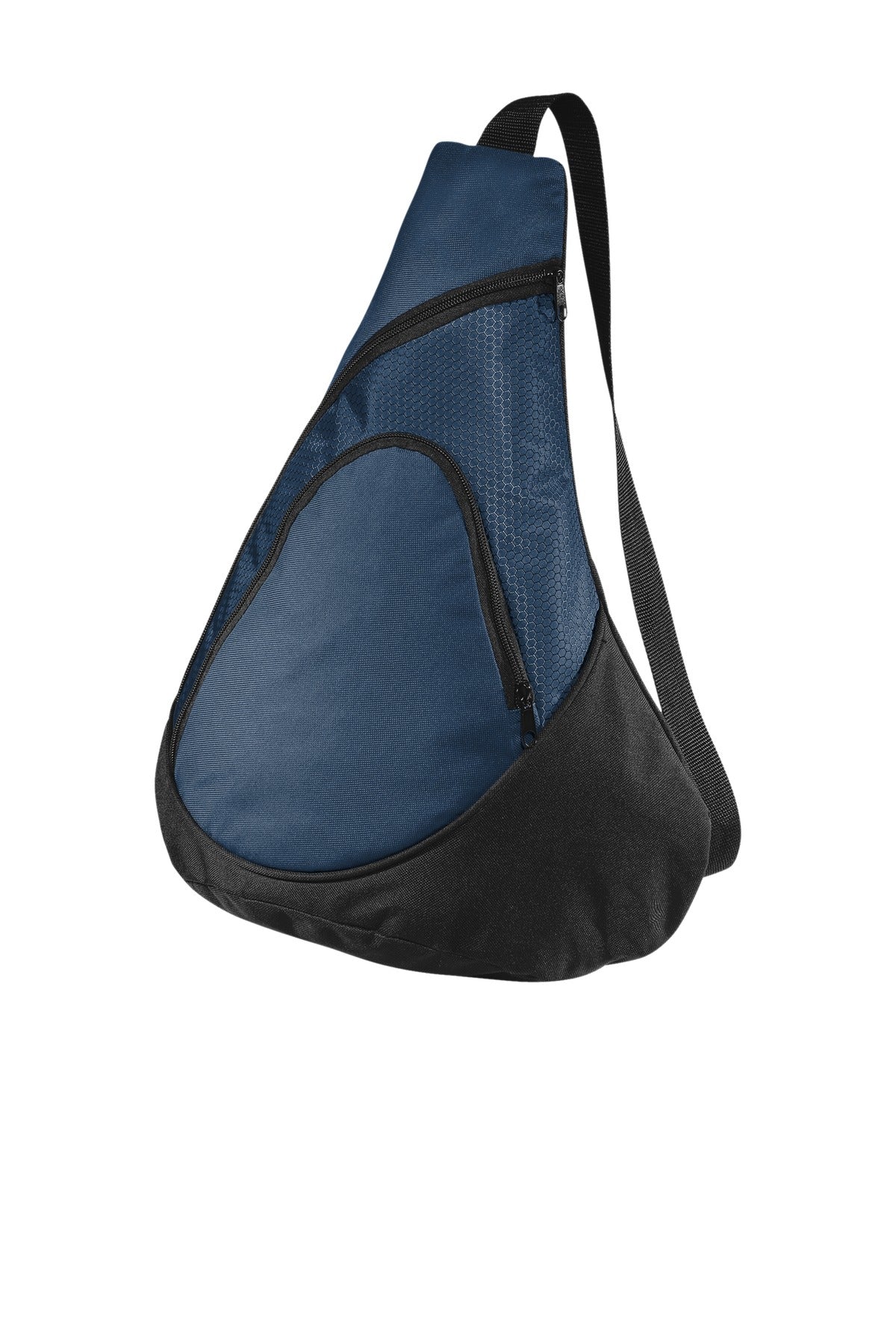 Navy Port Authority honeycomb sling pack with adjustable strap and multiple compartments, shown from the front.