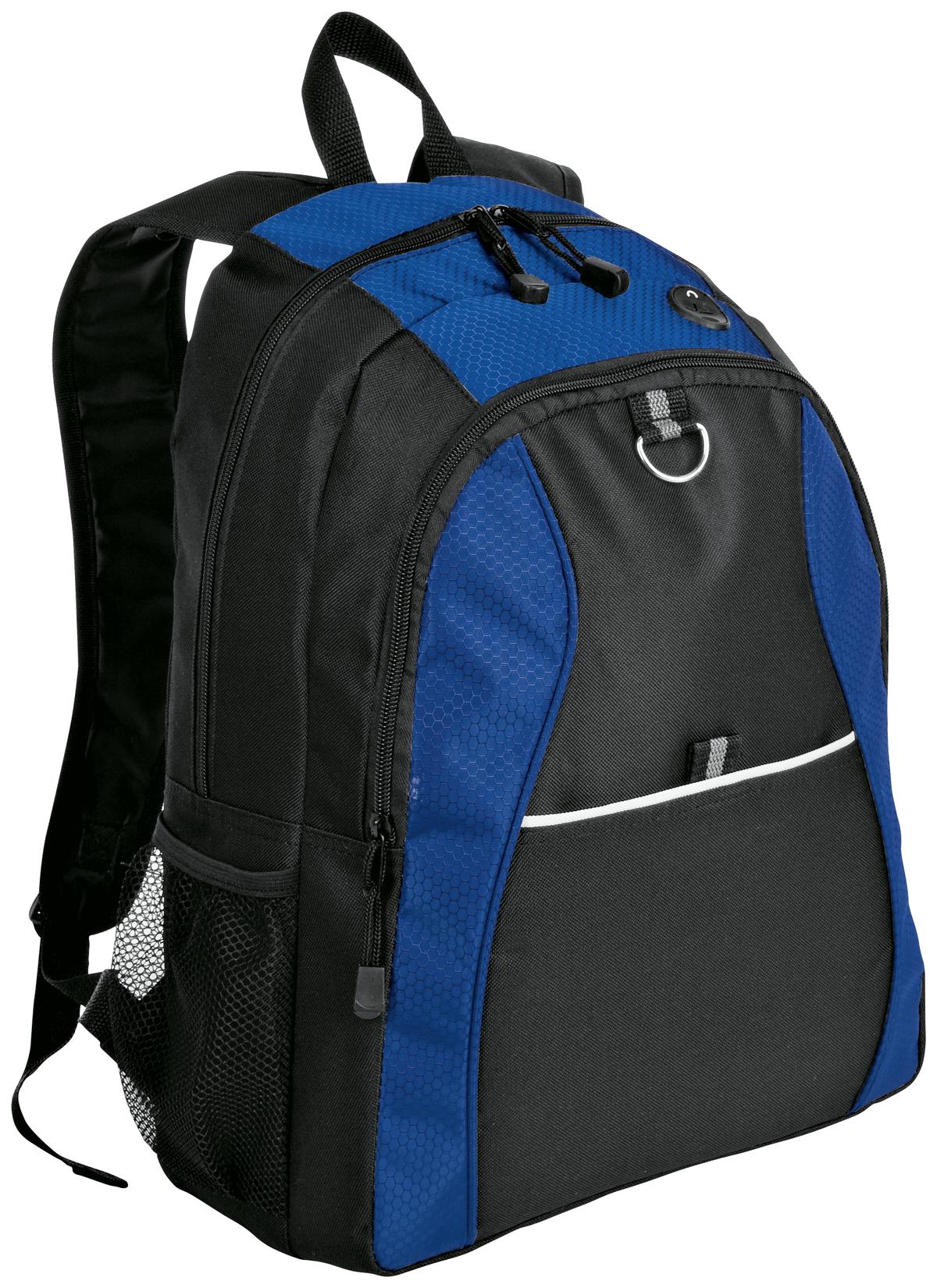 Blue and black Port Authority contrast honeycomb backpack with multiple compartments and padded shoulder straps.