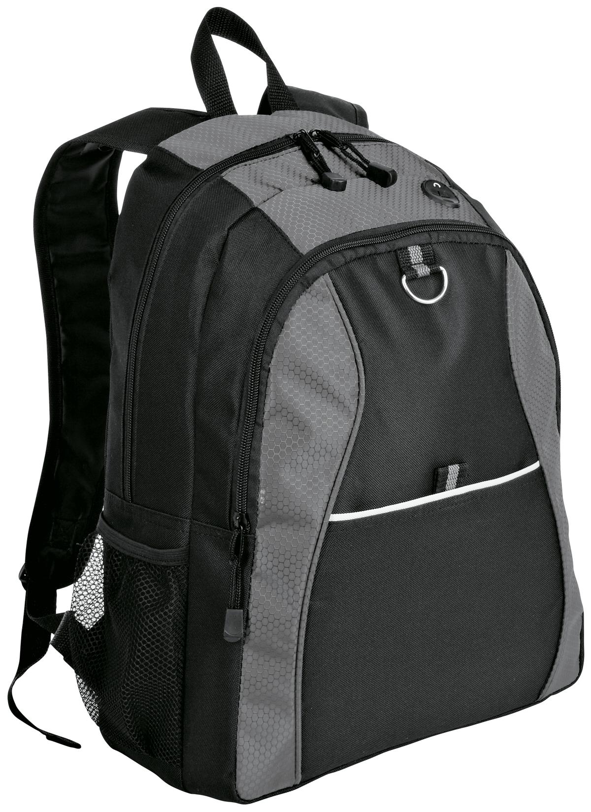 Grey and black Port Authority contrast honeycomb backpack with multiple compartments and padded shoulder straps.