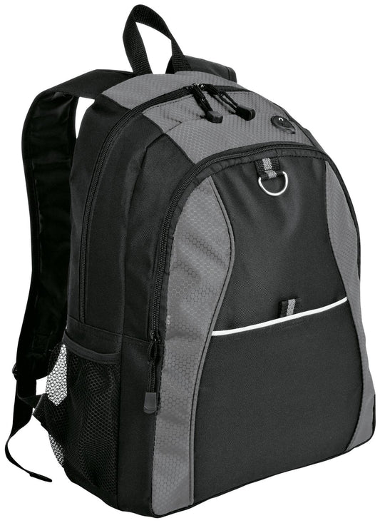 Grey and black Port Authority contrast honeycomb backpack with multiple compartments and padded shoulder straps.