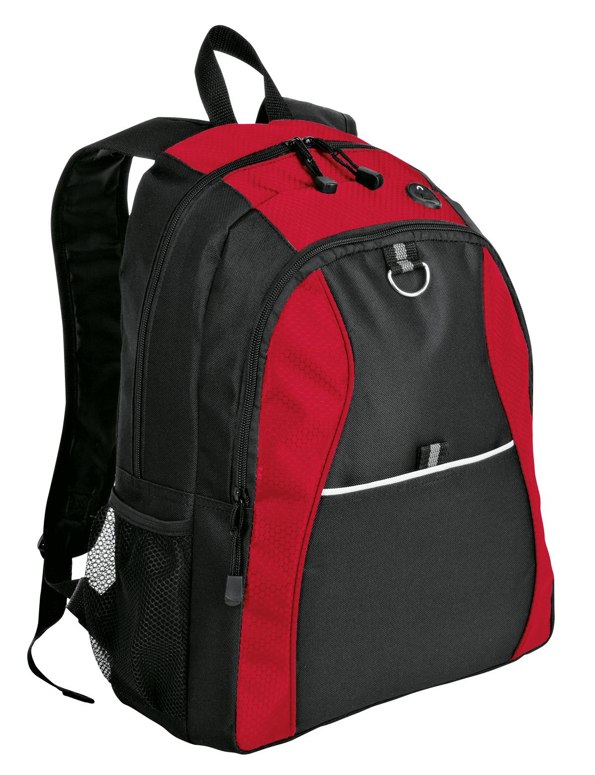 Red and black Port Authority Contrast Honeycomb Backpack with sturdy straps and multiple compartments.
