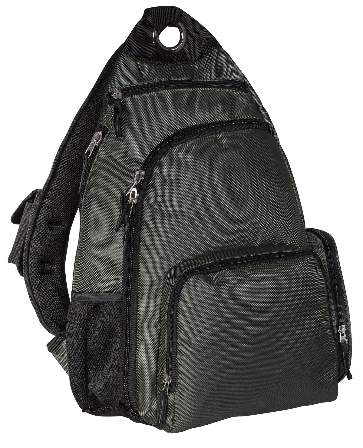 Dark slate Port Authority® sling pack with adjustable strap and multiple compartments for convenient carrying.