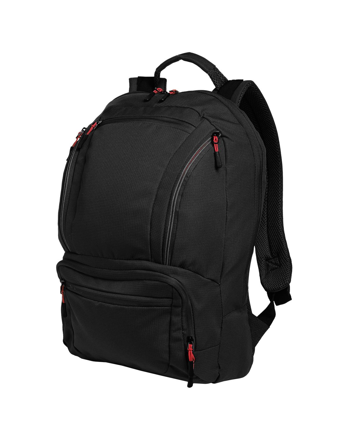 Black and red Port Authority Cyber Backpack with multiple compartments and padded shoulder straps for comfortable carrying.