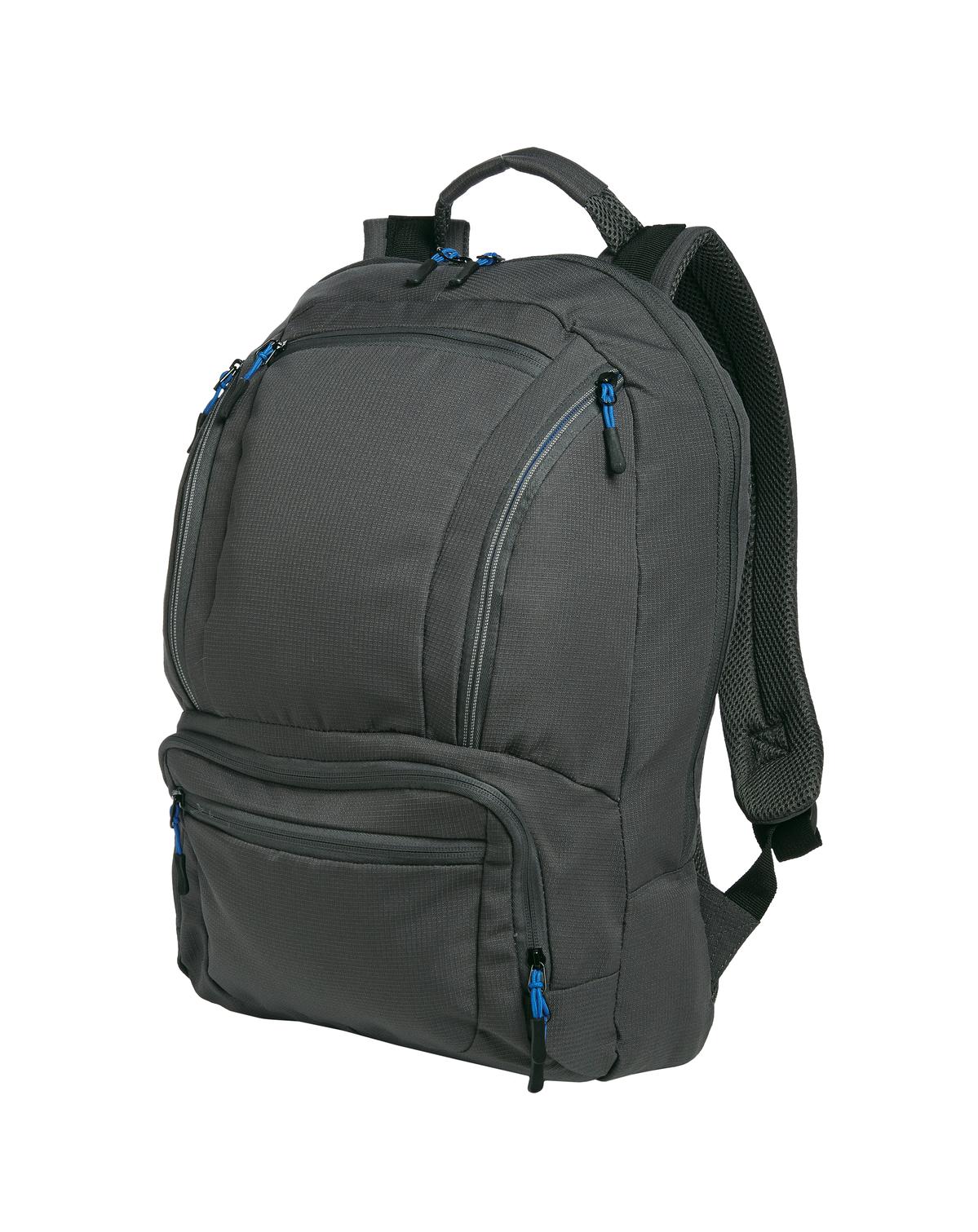 Port Authority Cyber Backpack in forged iron and shock blue with padded straps and multiple compartments, designed for everyday use.