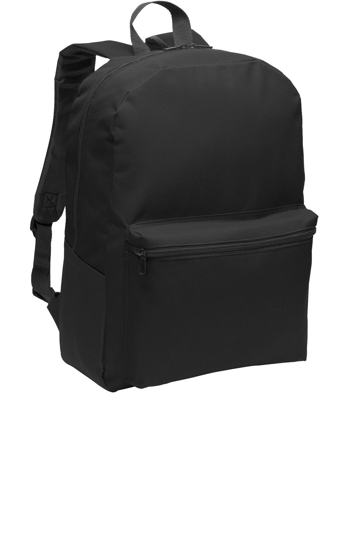 Black Port Authority Value Backpack with front zip pocket and adjustable straps, ideal for school or travel.