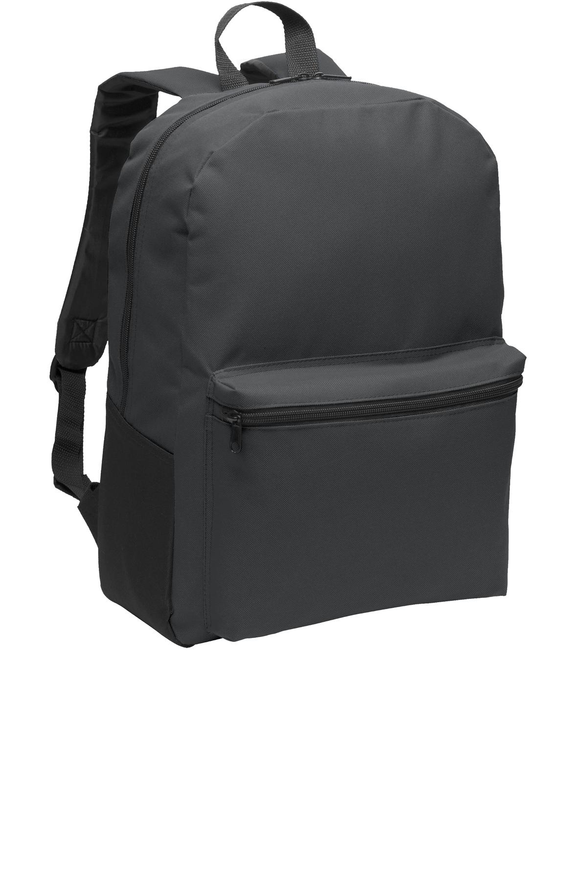 Port Authority Value Backpack in dark charcoal, front view showing spacious main compartment and adjustable shoulder straps.