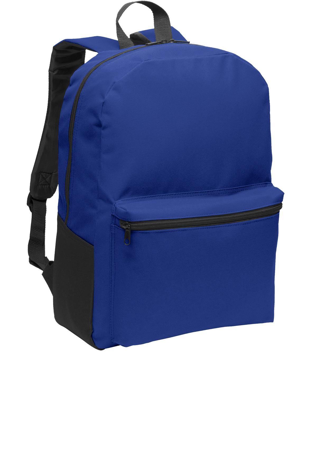 Port Authority Value Backpack in twilight blue, front view showing spacious main compartment and adjustable shoulder straps.