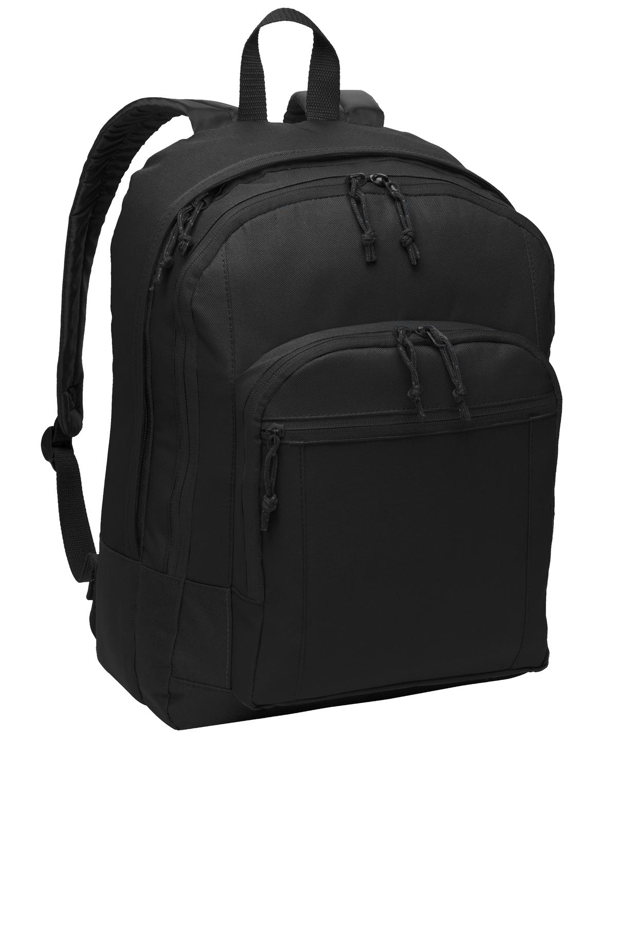 Black Port Authority Basic Backpack with front zipper pocket and padded shoulder straps, view from front.