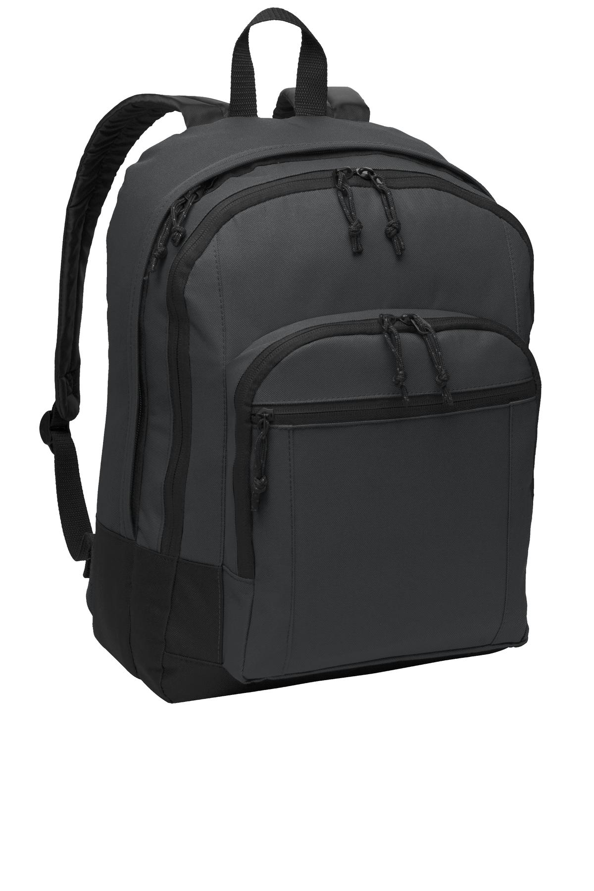 Port Authority Basic Backpack in dark charcoal, front view showing adjustable shoulder straps and spacious main compartment.