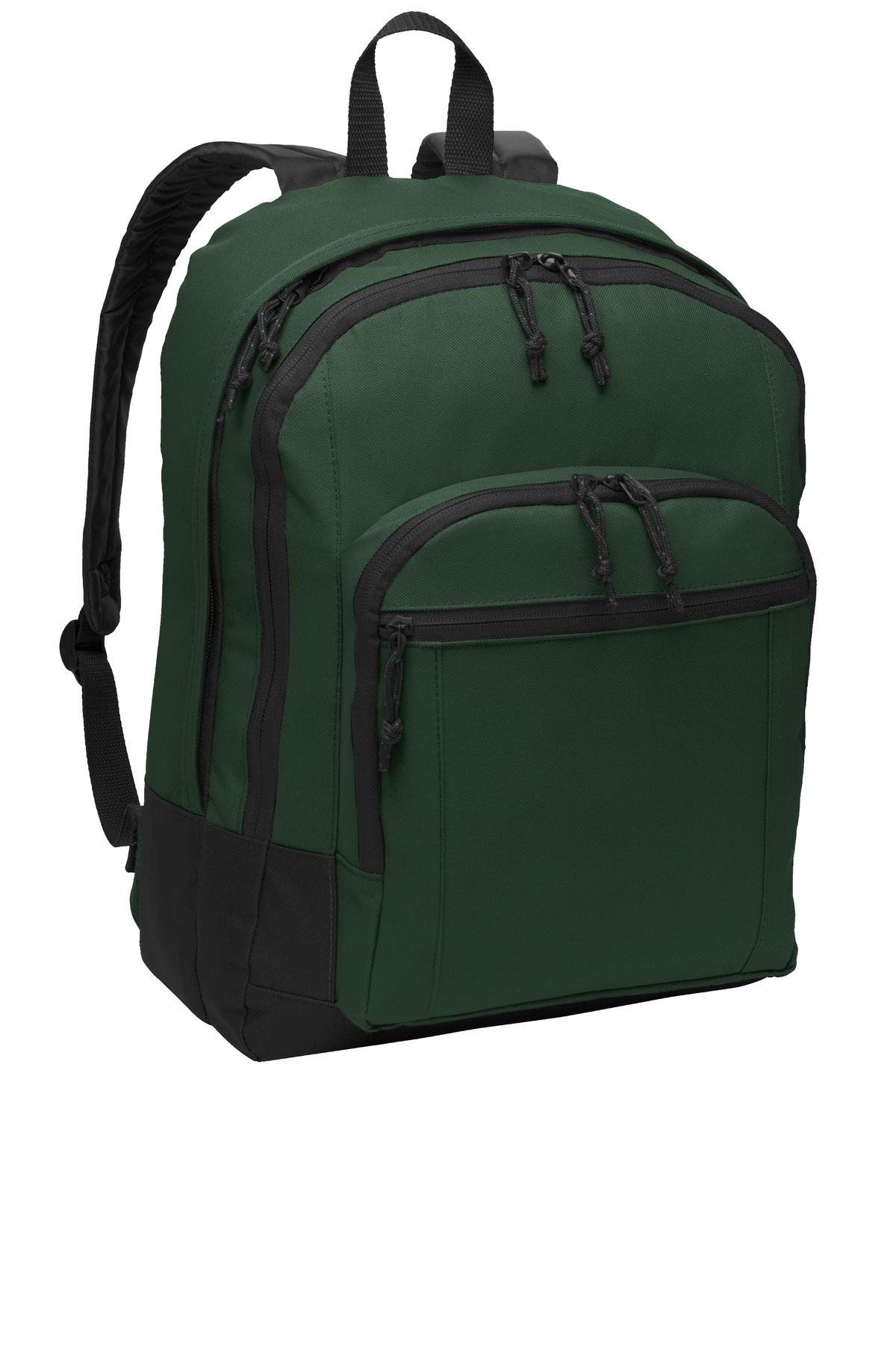 Port Authority Basic Backpack in forest green, flat front view showcasing adjustable straps and spacious main compartment.
