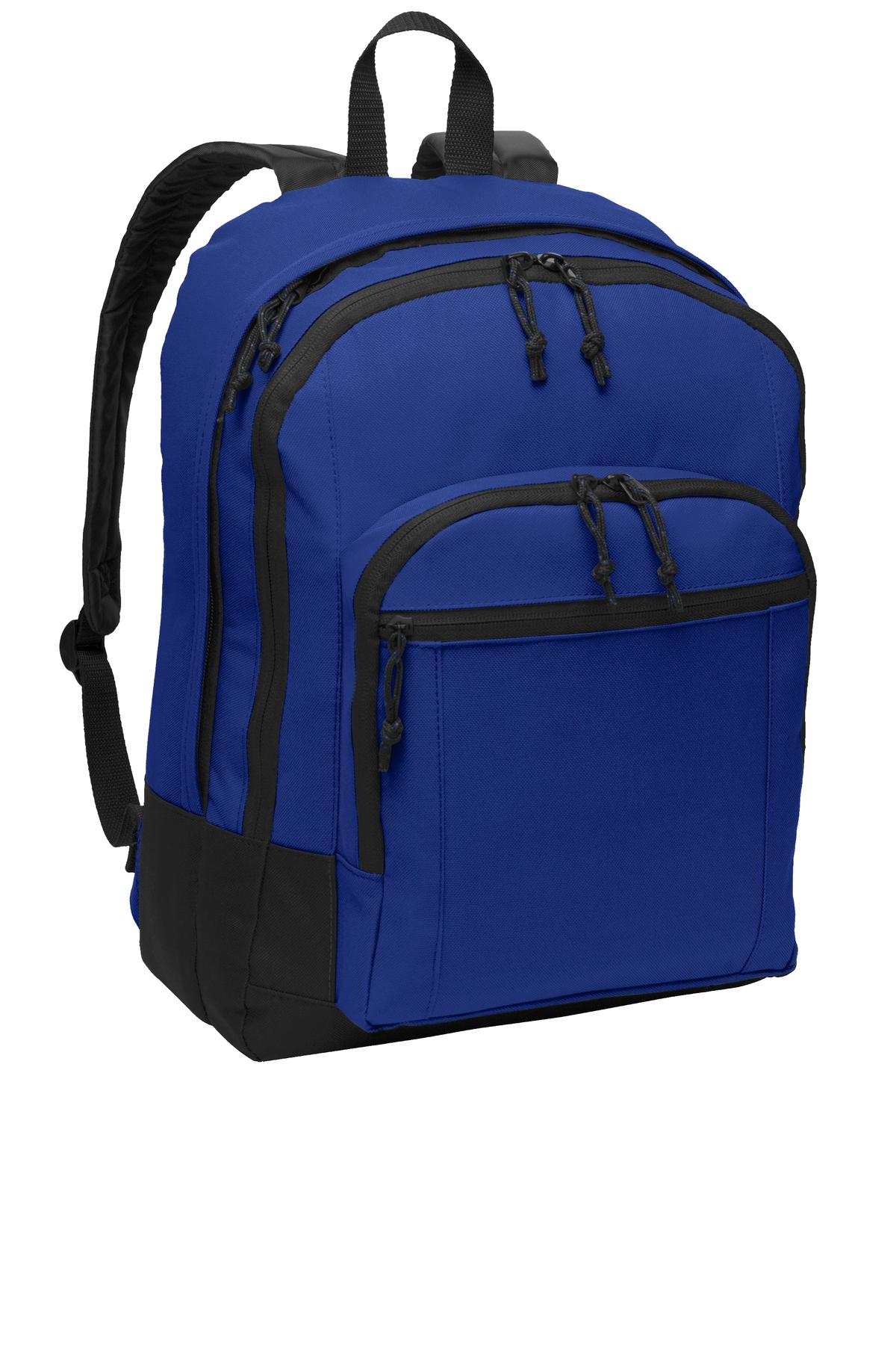 Port Authority Basic Backpack in twilight blue, front view showing spacious main compartment and sturdy shoulder straps.