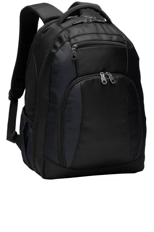 Black Port Authority Commuter Backpack with front zipper pocket and padded shoulder straps, view from front.