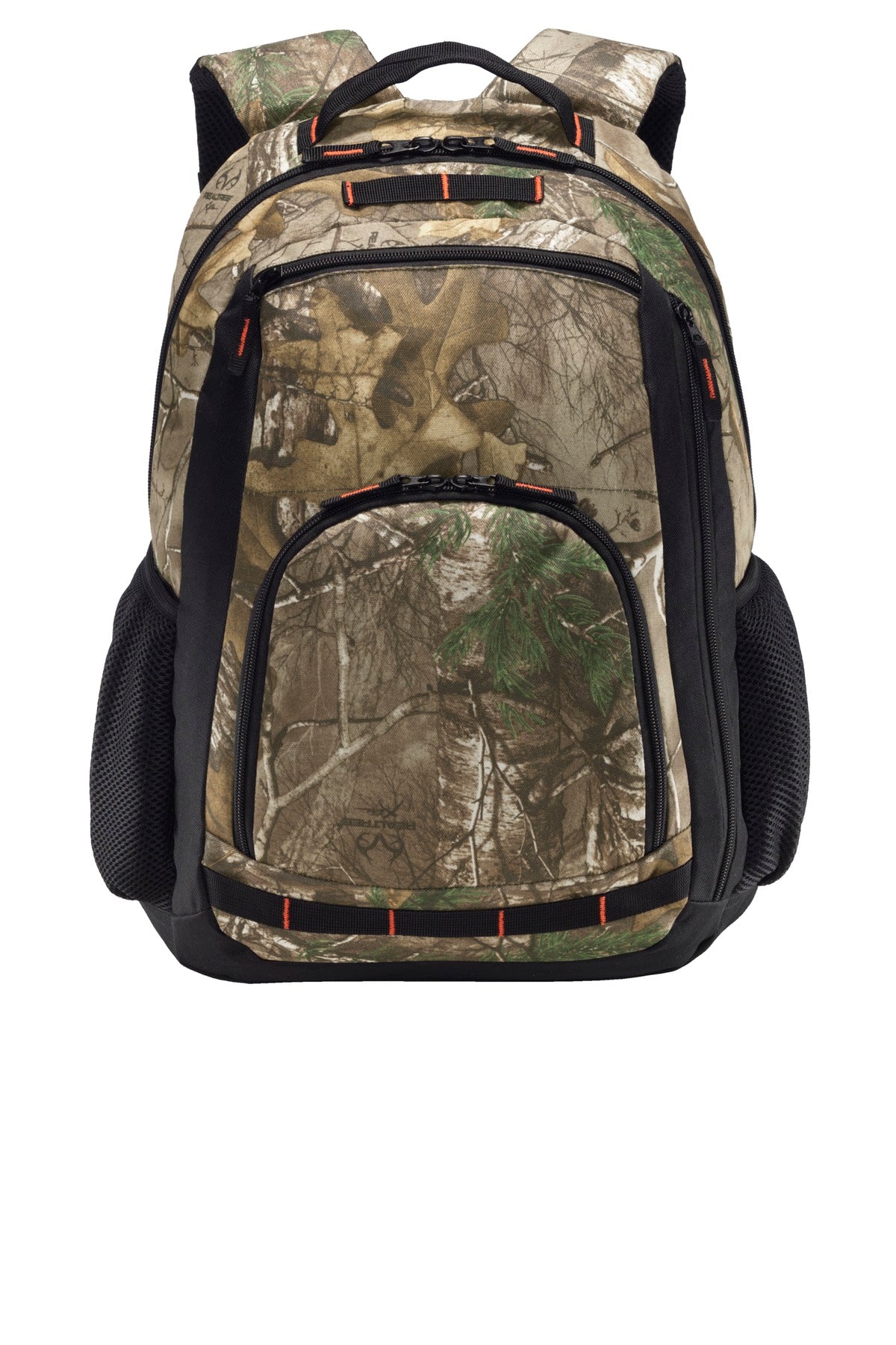 Port Authority Camo Xtreme Backpack in Realtree Extra Black, front view showing camouflage design and sturdy shoulder straps.