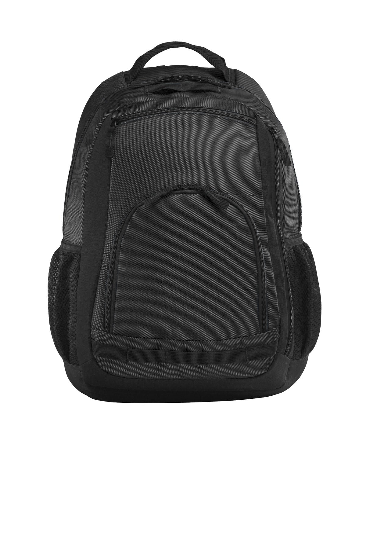 Port Authority Xtreme Backpack in dark grey and black, front view showing multiple compartments and sturdy design.