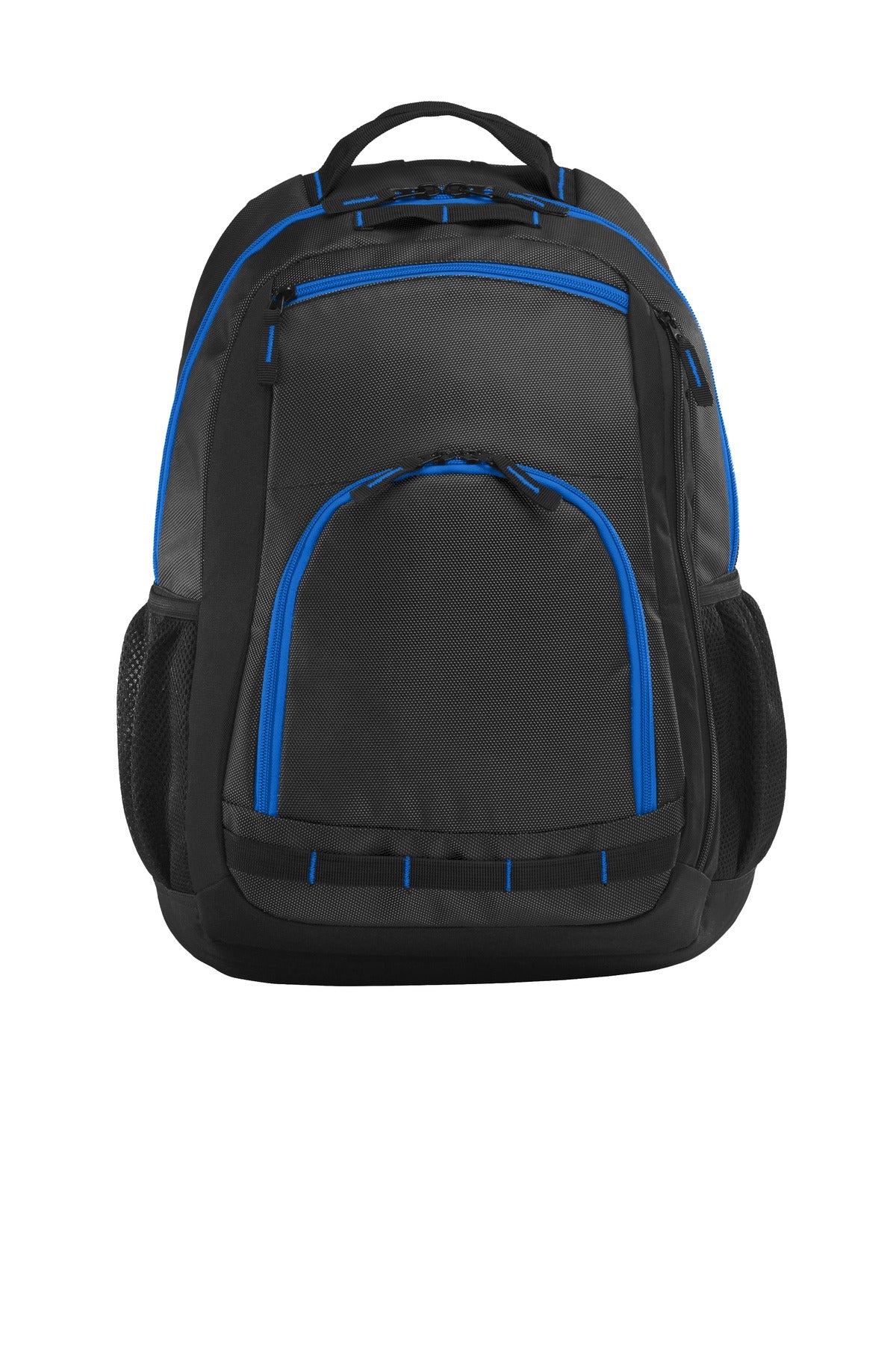 Port Authority Xtreme Backpack in dark grey, black, and shock blue, shown from the full front view with multiple compartments.