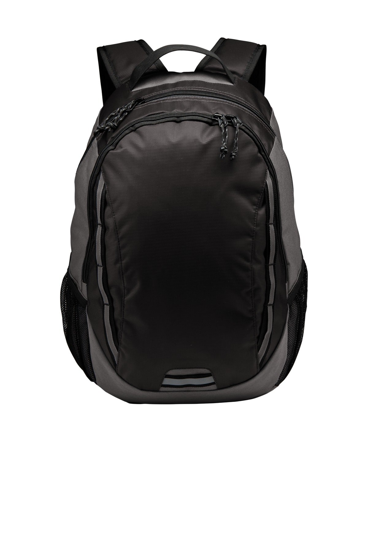 Port Authority Ridge Backpack in dark charcoal, with a flat front design, featuring multiple compartments and padded shoulder straps.