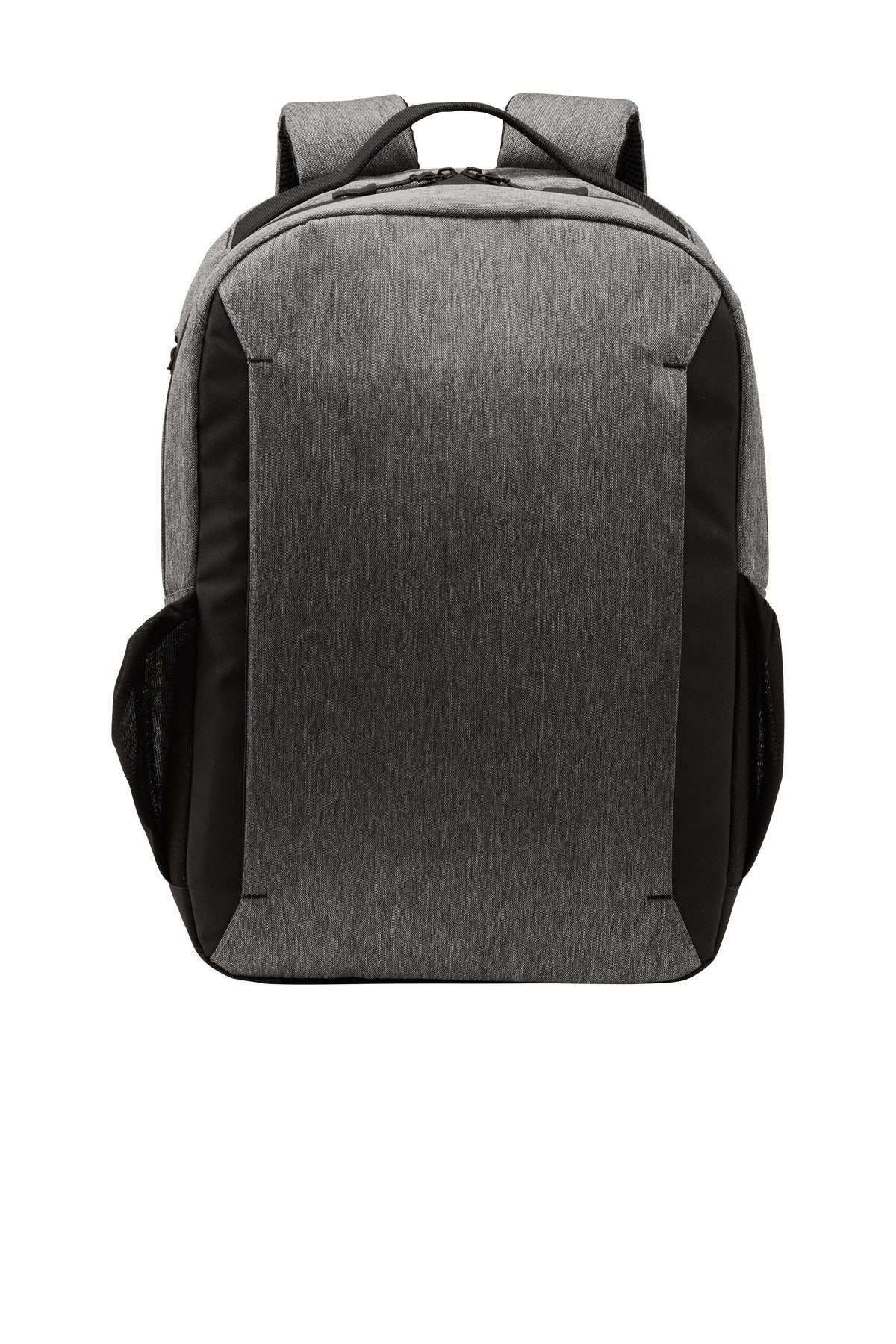 Port Authority Vector Backpack in grey heather, featuring a flat front design with multiple compartments and adjustable straps.