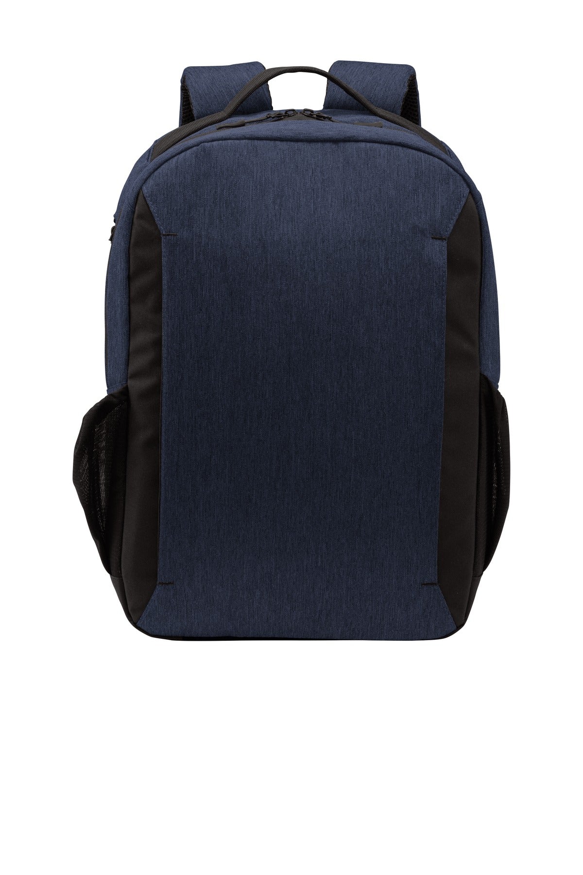 Port Authority Vector Backpack in navy heather fabric, with front pockets and adjustable straps, designed for everyday use.