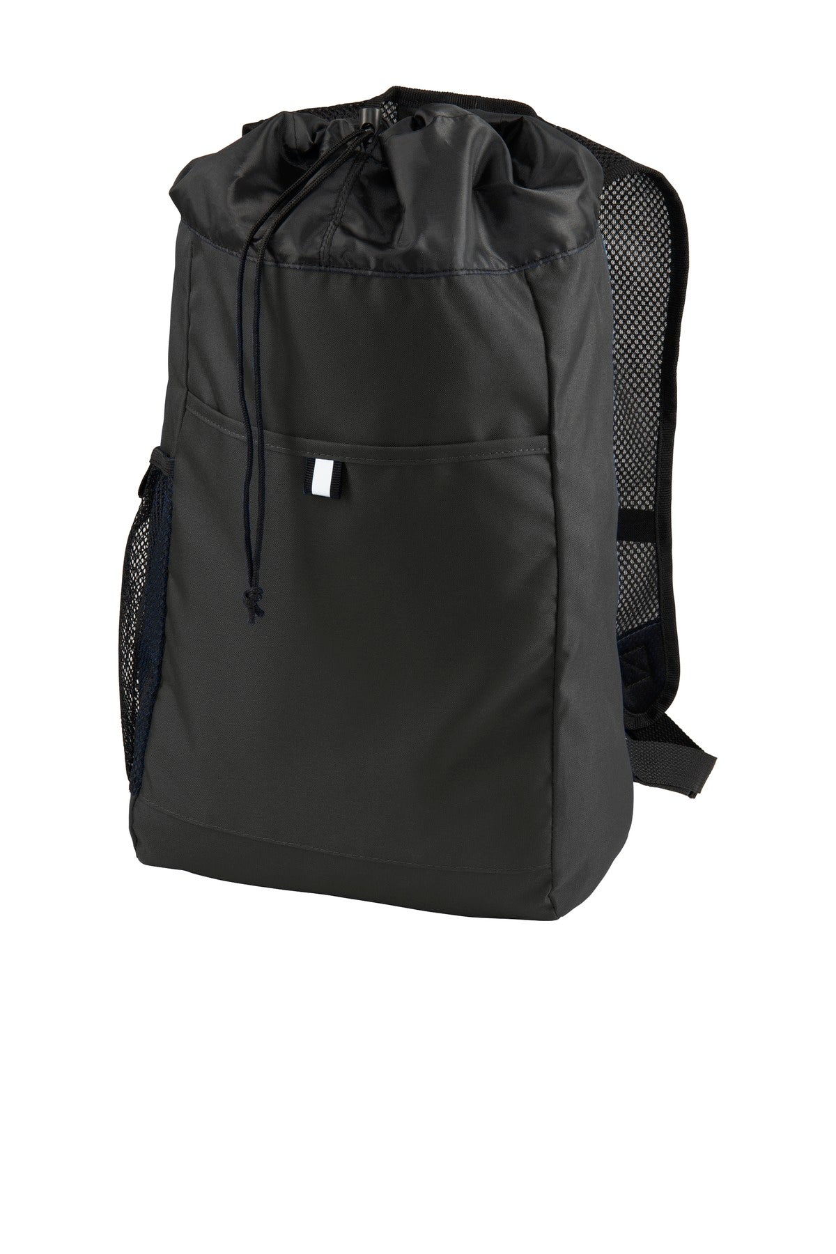 Black Port Authority Hybrid Backpack with front zipper pocket, adjustable straps, and multiple compartments, shown flat front view.