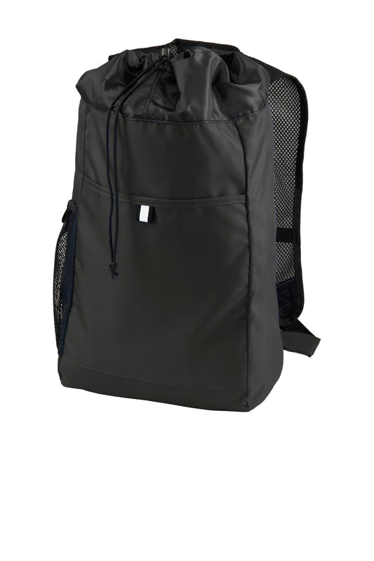 Black Port Authority Hybrid Backpack with front zipper pocket, adjustable straps, and multiple compartments, shown flat front view.