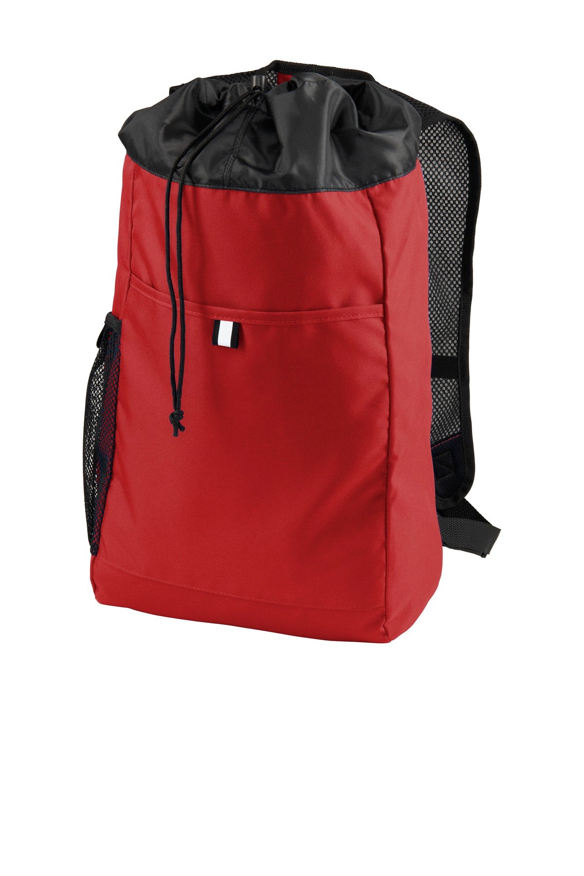 Port Authority hybrid backpack in red and black, with multiple compartments and padded shoulder straps, shown from a flat front view.