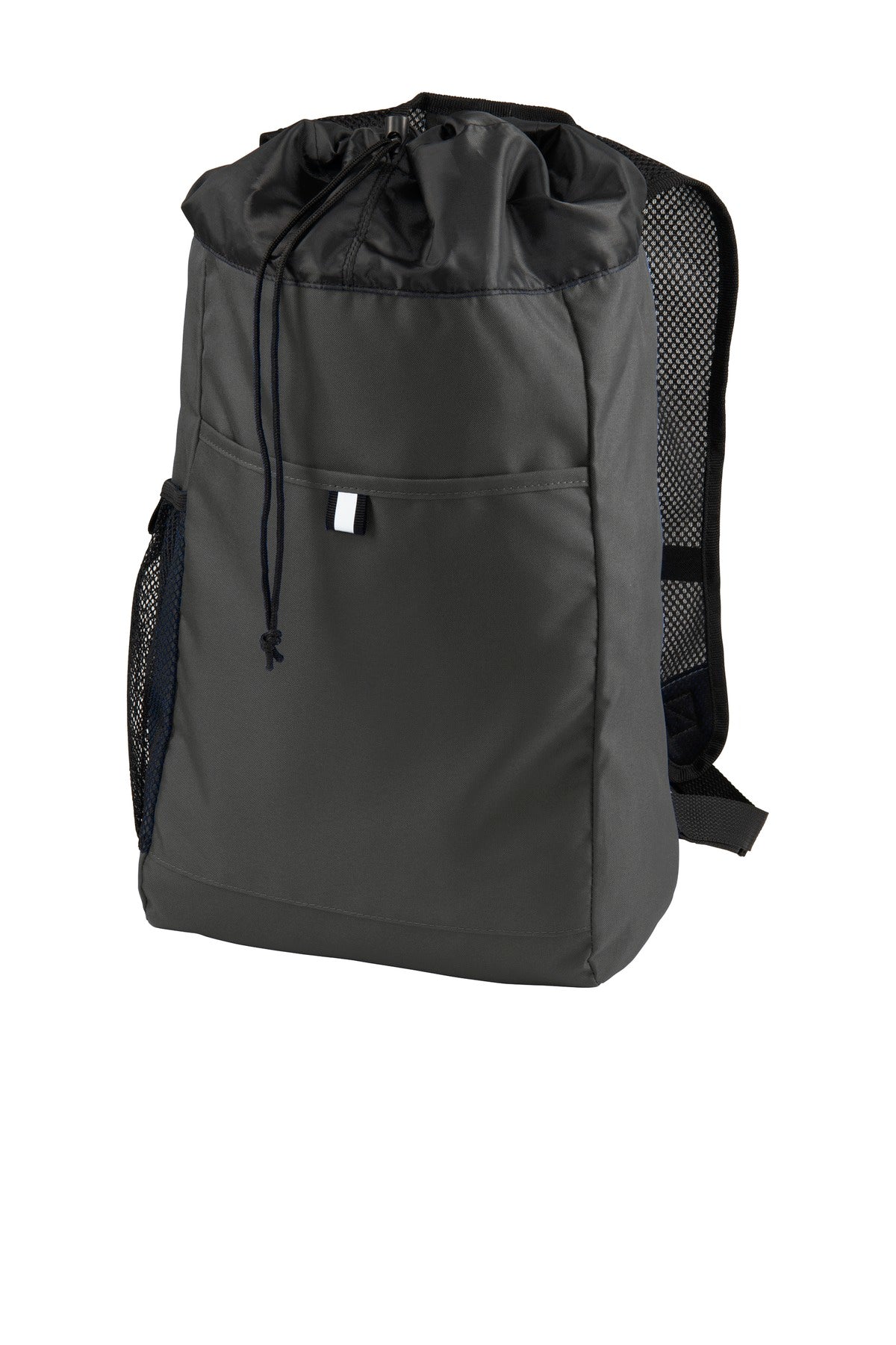 Port Authority hybrid backpack in dark charcoal black, showing a flat front view with multiple compartments and padded shoulder straps.